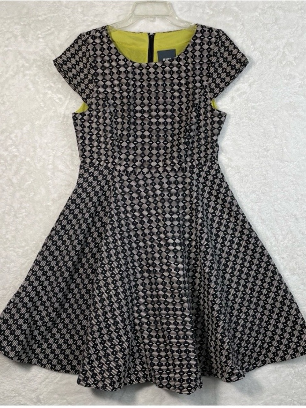 Maeve Black & White Patterned Fit-and-Flare Dress with Yellow Lining